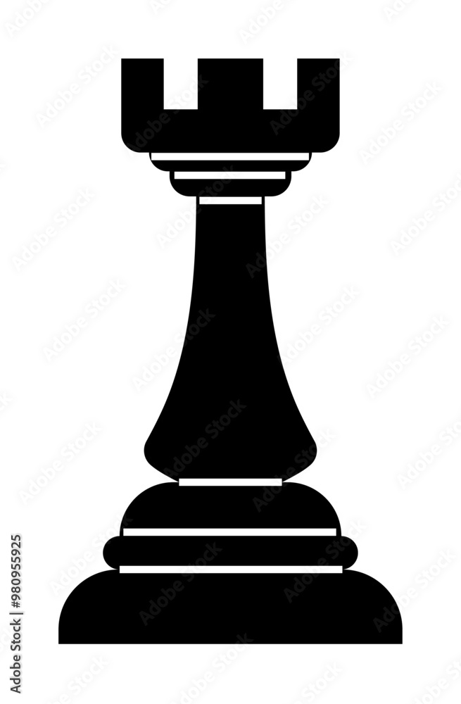 A black silhouette of a rook chess piece with a classic design and bold lines. Ideal for chess themes, strategy games, education, minimalist art, board games designs. Clean vector style. A black silhouette of a rook chess piece with a classic design and bold lines. Ideal for chess themes, strategy games, education, minimalist art, board games designs. Clean vector style.