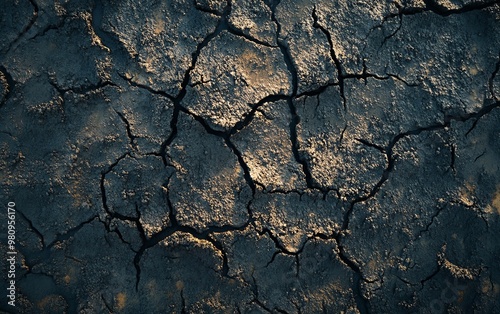 A close-up view of cracked, dry earth, highlighting the effects of drought or soil erosion.