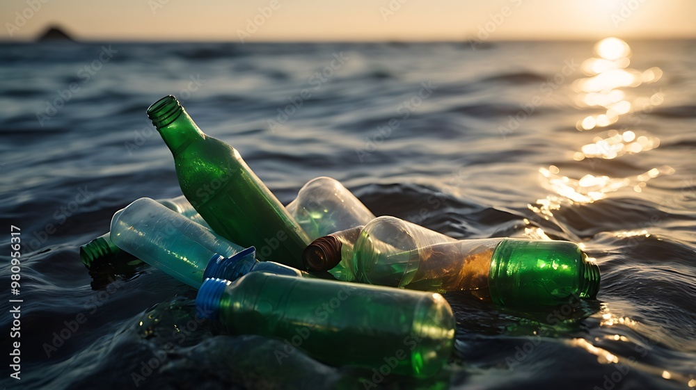 Plastic bottles in ocean, pollution in environment Plastic bottles in ocean, pollution in environment