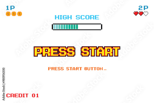 PRESS START. press start button. pixel art .8 bit game. retro game. for game assets. on white background.
