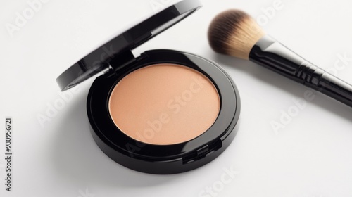 A close-up of an open compact with pressed powder and a makeup brush, set against a white background, highlighting a key component of a daily beauty routine.