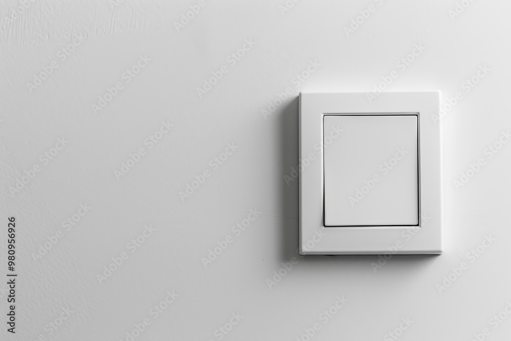 White light switch on white painted wall. Square shaped rocker switch paddle. Simplicity light switch box in Interior, gateway to illumination. Hit the lights. Saving electrical energy. Copy Space White light switch on white painted wall. Square shaped rocker switch paddle. Simplicity light switch box in Interior, gateway to illumination. Hit the lights. Saving electrical energy. Copy Space