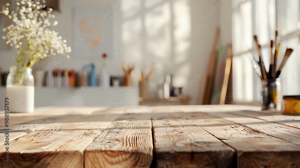 A cozy workspace featuring a rustic wooden table, art supplies, and a vase of flowers, illuminated by soft natural light. A cozy workspace featuring a rustic wooden table, art supplies, and a vase of flowers, illuminated by soft natural light.