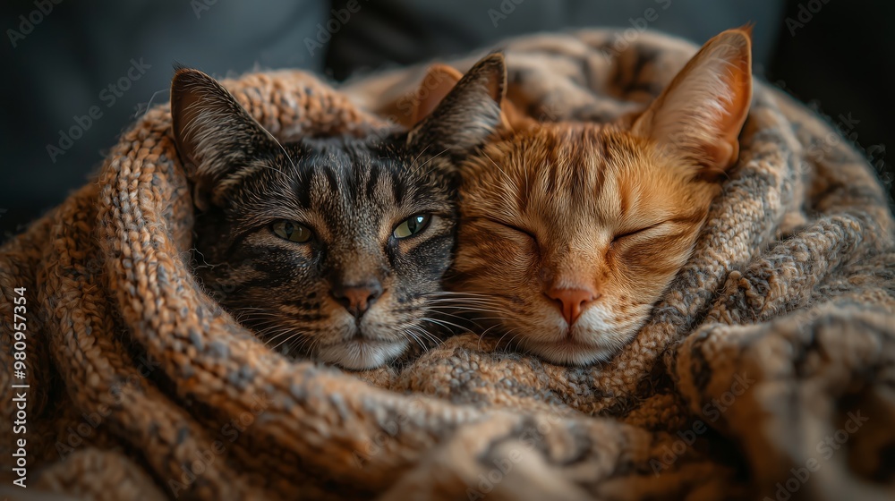 Naklejka premium Cozy Cats Snuggling Under a Warm Blanket