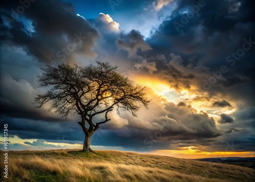 Ominous dark clouds gather above a lone, twisted tree standing atop a desolate hill, casting long shadows in