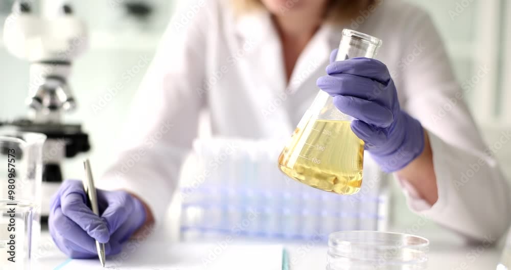 Scientist conducts laboratory testing of transparent yellow liquid in flask. Control of petroleum products in lab