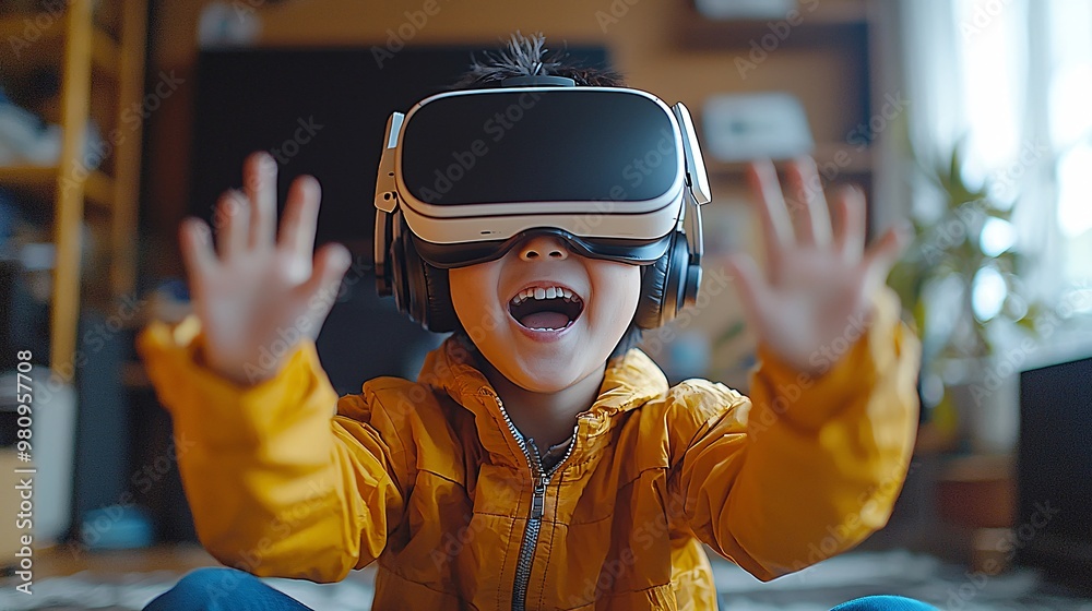 Render a tech-savvy living room with an Asian boy in a VR headset, using full-body tracking to play a high-energy online sports game Render a tech-savvy living room with an Asian boy in a VR headset, using full-body tracking to play a high-energy online sports game