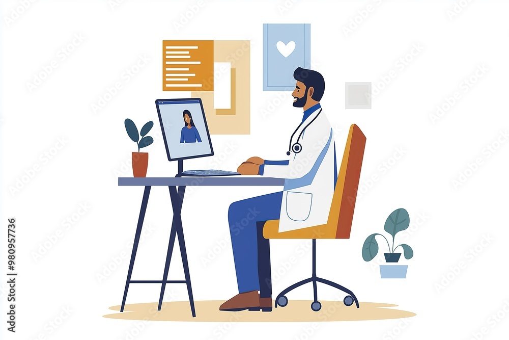 Doctor engaging in a virtual consultation with a patient through a computer screen in a medical office setting