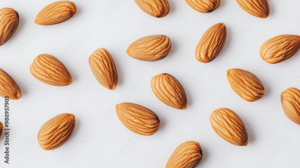 A close-up of raw almonds scattered on a white background, showcasing their natural texture and shape in a clean, minimalist setting. A close-up of raw almonds scattered on a white background, showcasing their natural texture and shape in a clean, minimalist setting.