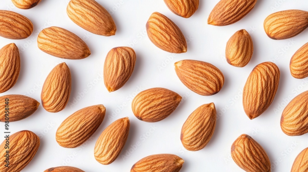 A close-up of raw almonds scattered on a white background, showcasing their natural texture and shape in a clean, minimalist setting. A close-up of raw almonds scattered on a white background, showcasing their natural texture and shape in a clean, minimalist setting.