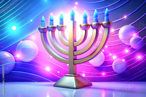 Stunning Glowing Menorah with Abstract Hebrew Letters on Vibrant Digital Background for Hanukkah Celebrations - Perfect for Spiritual Ads