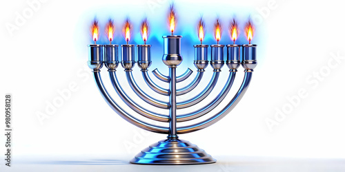 3D Macro of Futuristic Menorah Candles with Neon Flames Flickering - A Detailed Close-Up Shot Capturing Modern Hanukkah Glow with Unique Neon Touch on Traditional Candle Lighting