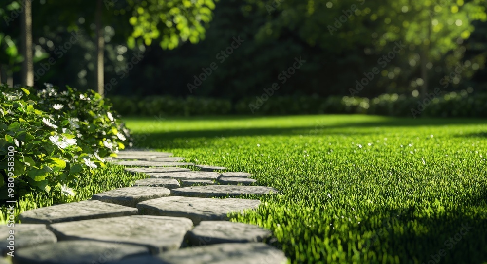 Fototapeta premium In the backyard, a rose and lavender flower bed and marble tile path are surrounded by a green lawn.