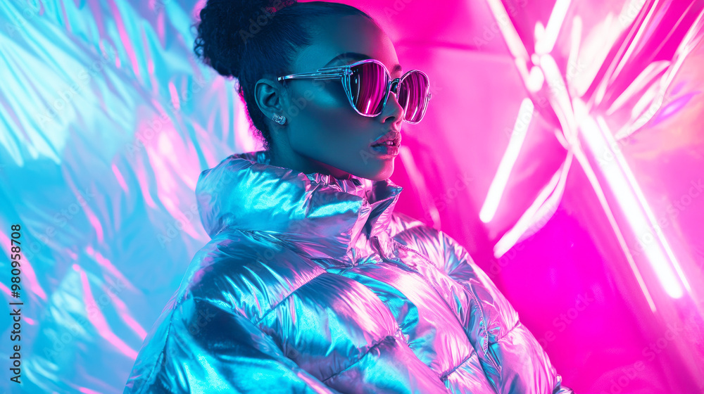Girl in a fashion puffer jacket in neon light. Girl in a fashion puffer jacket in neon light.