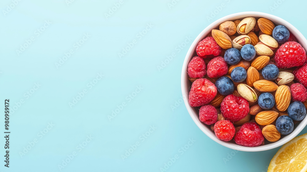 A vibrant bowl of mixed berries and nuts on a blue background, perfect for healthy eating and snack inspiration. A vibrant bowl of mixed berries and nuts on a blue background, perfect for healthy eating and snack inspiration.