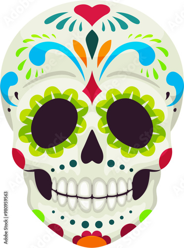 Cartoon day of the dead dia de los muertos sugar calavera skull features vibrant floral patterns and traditional decorations, symbolizes remembrance, celebration, and connection between life and death