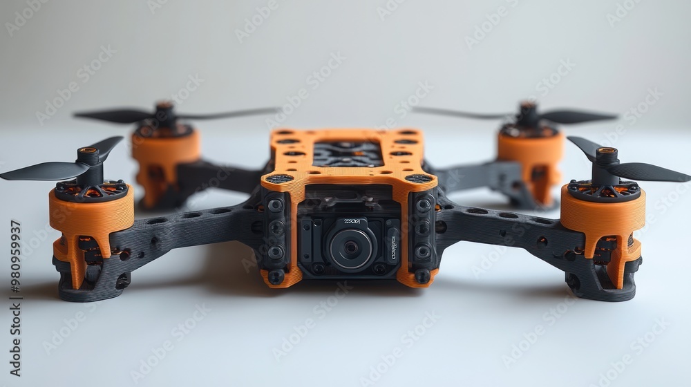 A drone with an orange frame and camera, designed for aerial photography. A drone with an orange frame and camera, designed for aerial photography.