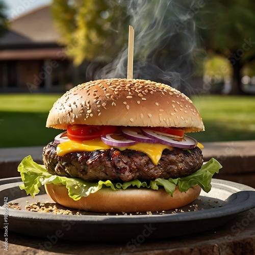 hamburger on a wooden table