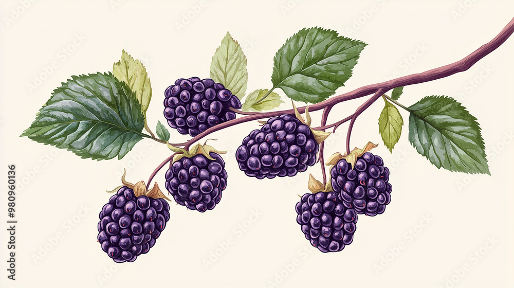 A cluster of ripe blackberries with lush green leaves on a branch, showcasing their rich color and natural beauty. A cluster of ripe blackberries with lush green leaves on a branch, showcasing their rich color and natural beauty.
