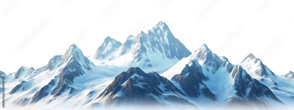 Fototapeta premium Transparent PNG image of a majestic mountain range with snow capped peaks and a clear blue sky