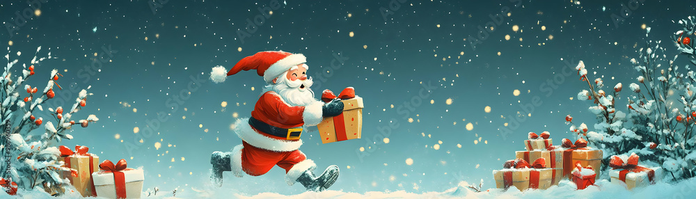 Obraz premium Santa's Sustainable Gift Exchange: Playful Cartoon Design of Santa with Eco-Friendly Gifts in a Vibrant Seamless Background � Perfect for Promotions!
