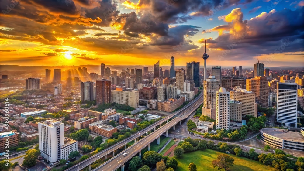 Fototapeta premium Panoramic view of modern Johannesburg cityscape at sunset, with towering skyscrapers, bustling streets, and iconic