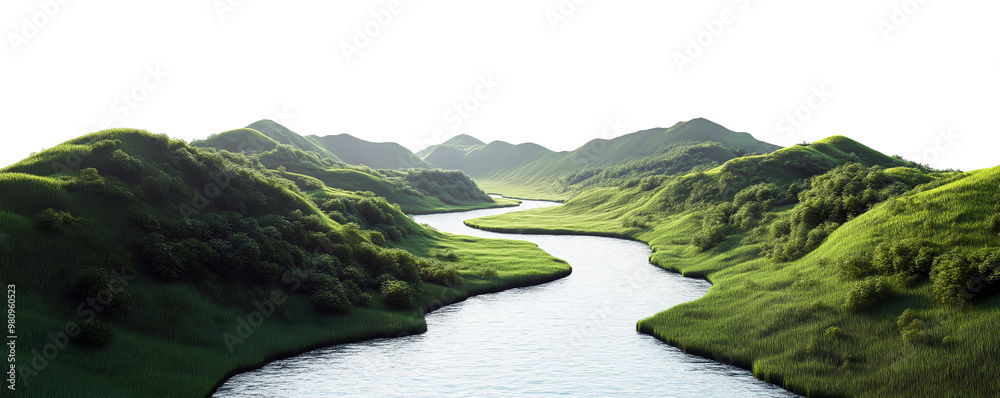 Fototapeta premium Transparent PNG image of river valley with meandering river and rolling hills