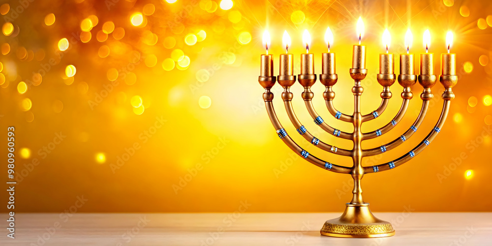 Glowing Menorah with Abstract Hebrew Letters - Vibrant Digital Background for Hanukkah Celebration and Spiritual Themes