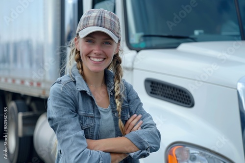 Confident Female Truck Driver Posing by Semi Truck  photo