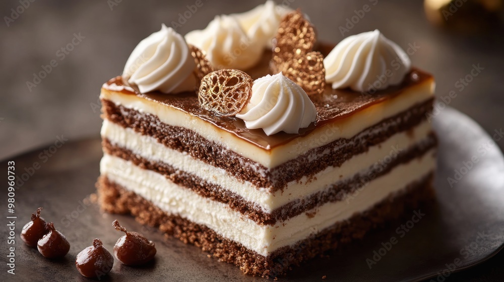 Close-up of a Delicious Chocolate Cake with Whipped Cream and Caramel Glaze Close-up of a Delicious Chocolate Cake with Whipped Cream and Caramel Glaze