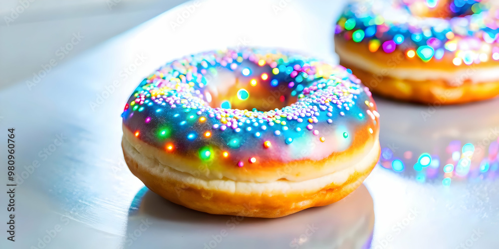 Close Up of Futuristic Hanukkah Donuts with Glowing Neon Icing - Macro Shot Capturing Modern Twist on Traditional Delicacy Close Up of Futuristic Hanukkah Donuts with Glowing Neon Icing - Macro Shot Capturing Modern Twist on Traditional Delicacy