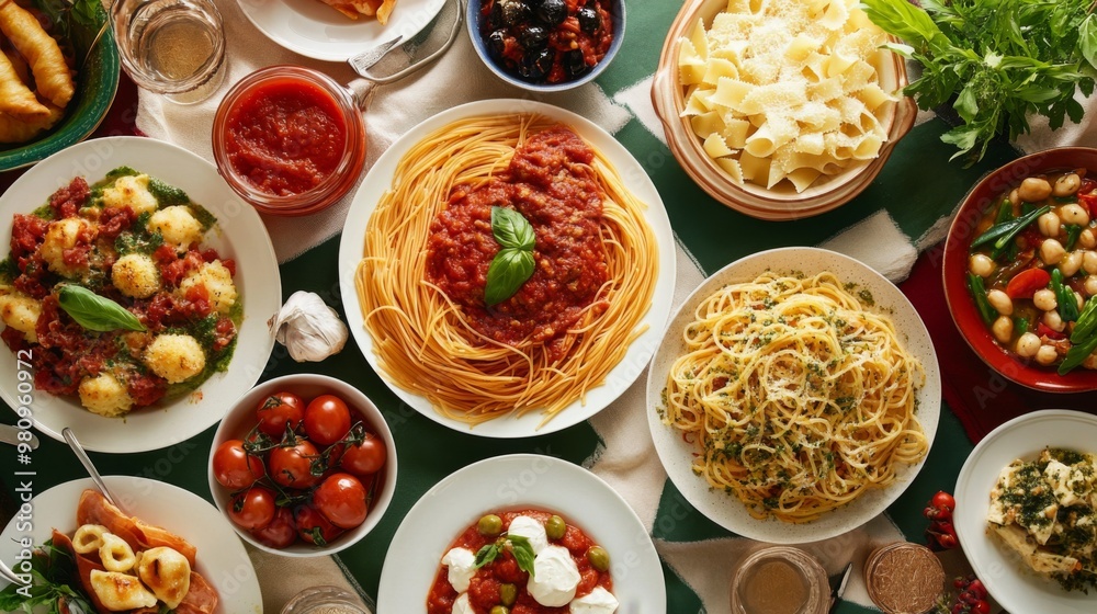 A colorful, overhead shot of a table set with different pasta dishes, including spaghetti with various sauces, highlighting a festive and varied meal. A colorful, overhead shot of a table set with different pasta dishes, including spaghetti with various sauces, highlighting a festive and varied meal.