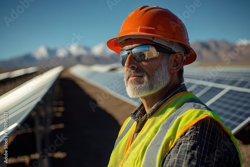 A senior man wearing hard hat and sunglasses stands confidently in solar farm, surrounded by solar panels under clear blue sky. His expression reflects determination and focus on renewable energy