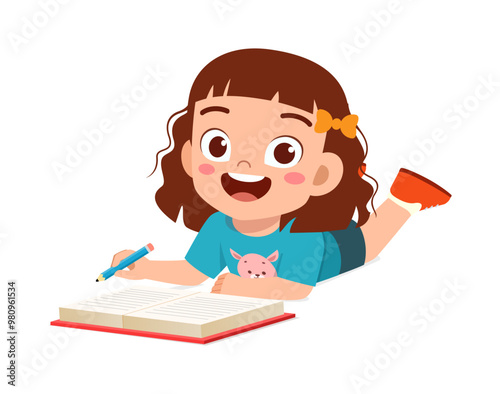 little kid writing a book while lying on stomach on the floor