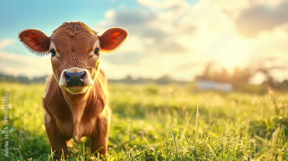 Adorable baby cow in green grass under sunny sky, radiating joy and innocence. This charming scene captures essence of rural life and natures beauty Adorable baby cow in green grass under sunny sky, radiating joy and innocence. This charming scene captures essence of rural life and natures beauty