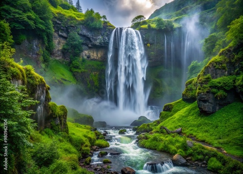 Rapidly moving turbulent waterfall pours down rocky cliffside, misty veil rises, and lush green foliage surrounds,