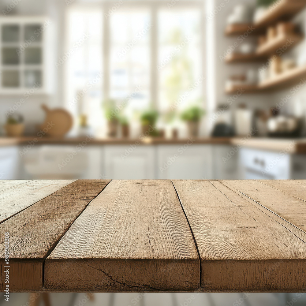 A rustic wooden table in an Indian kitchen, showcasing bright and inviting atmosphere. blurred background features shelves filled with plants and kitchenware, creating warm and homely feel A rustic wooden table in an Indian kitchen, showcasing bright and inviting atmosphere. blurred background features shelves filled with plants and kitchenware, creating warm and homely feel