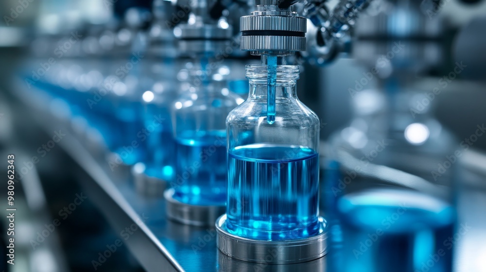 Machinery fills glass containers with a blue liquid droplet under sterile conditions Machinery fills glass containers with a blue liquid droplet under sterile conditions