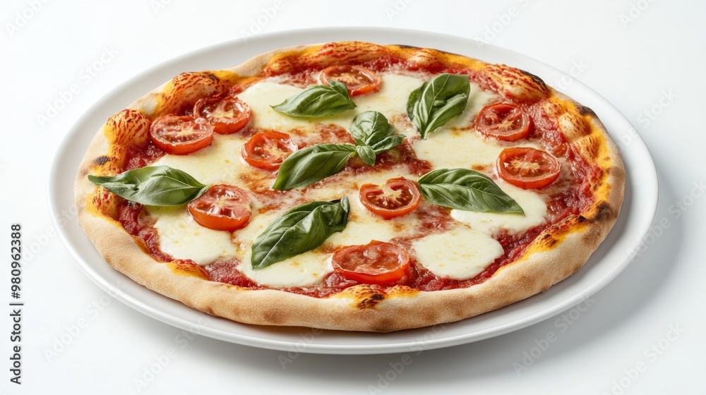 A delicious Margherita pizza topped with mozzarella, fresh tomatoes, and basil leaves, presented on a white plate with a white background for a clean, elegant look. A delicious Margherita pizza topped with mozzarella, fresh tomatoes, and basil leaves, presented on a white plate with a white background for a clean, elegant look.