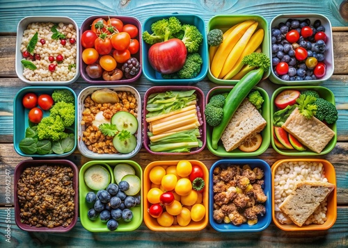 Vibrant table displays a colorful assortment of healthy lunchboxes filled with fresh and nutritious food, featuring balanced meals with vegetables, grains, and proteins. photo