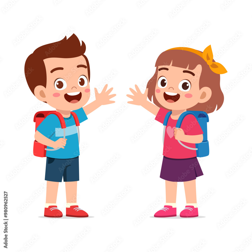 little kid wearing backpack and ready to school with friend little kid wearing backpack and ready to school with friend
