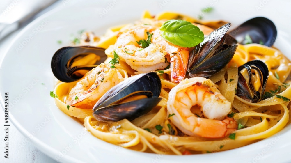 A delightful Italian seafood pasta dish with shrimp, mussels, and clams in a light garlic and white wine sauce, presented on a white plate with a clean background. A delightful Italian seafood pasta dish with shrimp, mussels, and clams in a light garlic and white wine sauce, presented on a white plate with a clean background.