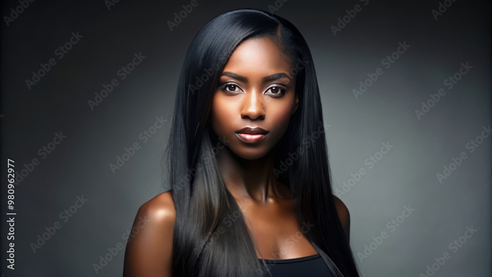 Fototapeta premium Portrait of a confident black woman with sleek, long, straight hair flowing down her shoulders
