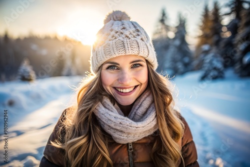 A young woman smiles warmly while dressed in winter clothing and a knit hat amid a snowy landscape during a bright day