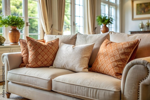 Close-up of the fabric sofa with white and terra cotta pillows in the modern living room of a French country house