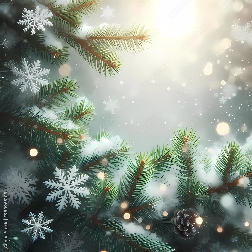Christmas background with fir branches and soft snowflakes Christmas background with fir branches and soft snowflakes