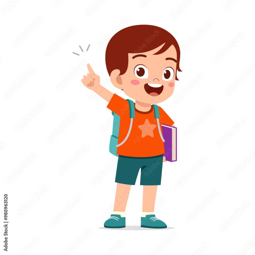 little kid showing pointing hand gesture and wearing backpack little kid showing pointing hand gesture and wearing backpack