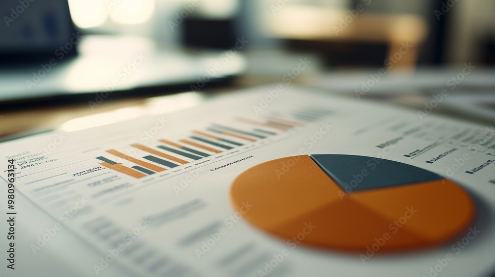 A detailed close-up of a pie chart and line graph combination on a printed report, emphasizing business statistics and analysis in a tidy office setting. A detailed close-up of a pie chart and line graph combination on a printed report, emphasizing business statistics and analysis in a tidy office setting.