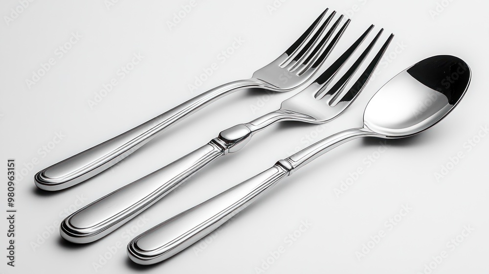 A set of silver utensils including a spoon and two forks. A set of silver utensils including a spoon and two forks.