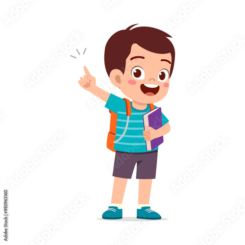 little kid showing pointing hand gesture and wearing backpack